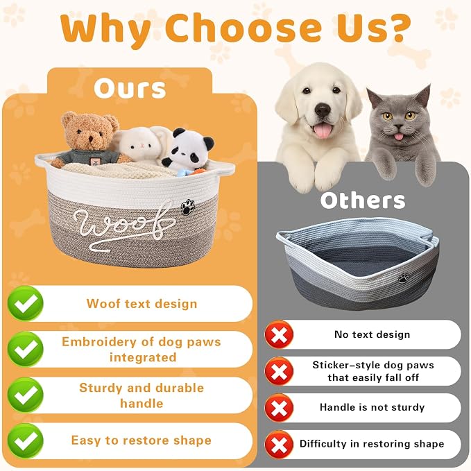 30L Woof Dog Toy Basket with Handles, Large Dog Toy Storage Bin with Paw Print, Woven Dog Basket for Blankets, Toys, Chews, Pet Toy Box for Nursery, Living Room, Bedroom, 17”x12”x9, Brown - Image 4
