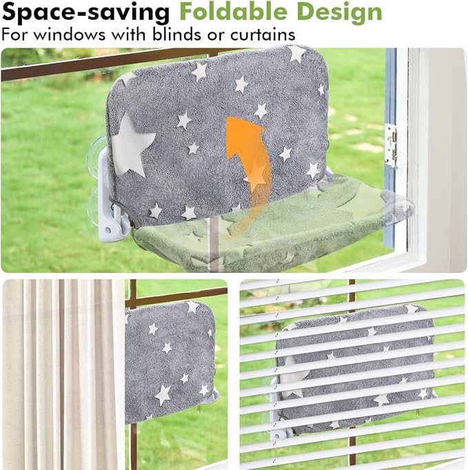 Zoratoo Glow in the Dark Cat Window Perch, Foldable Cordless Pet Hammock, M | Glowing Stars Fabric, Sturdy Metal Frame, Removable for Machine Wash, Comfortable Sunken Design Resting Seat for Indoor Cats - Image 6