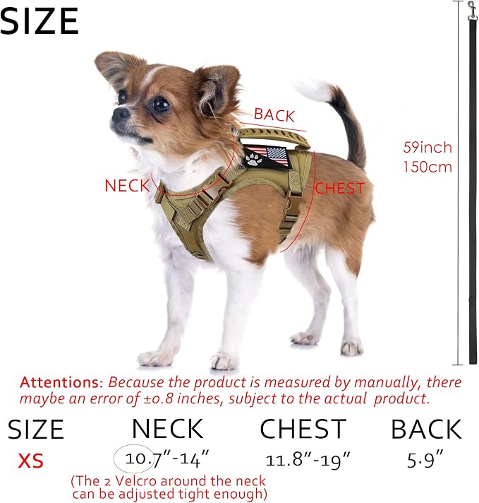 Tactical Dog Harness with Leash Tactical Puppy Vest with Rubber Handle K9 Military Adjustable Pet Harness for Outdoor Training XS Dog Harness (Brown Harness with Leash) - Image 7