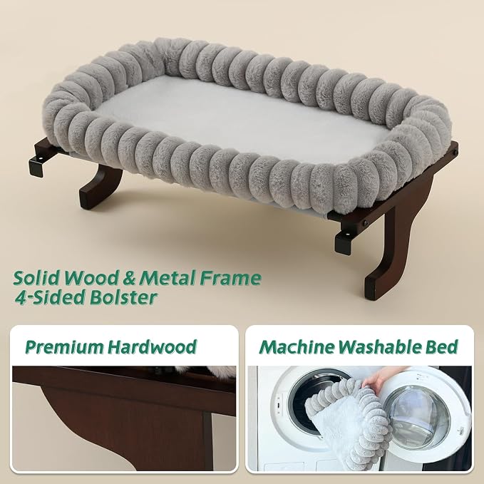Zakkart SnugCloud Cat Window Perch with 4-Sided Bolster - Orthopedic Cat Hammock for Window Sill - Solid Hardwood & Metal Frame - Window Seat for Pets (Dark Stained Wood w/Gray Bed, Medium) - Image 7