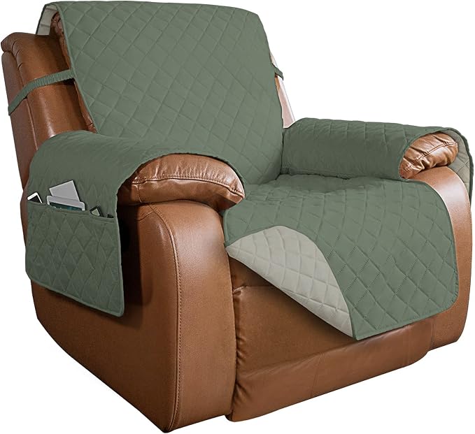 PureFit Reversible Recliner Chair Covers Couch Covers for Dogs, 28 in | Greyish Green/Beige, Water Resistant Couch Protector, Washable Pet Couch Cover with Non Slip and Elastic Straps For Kids by PureFit