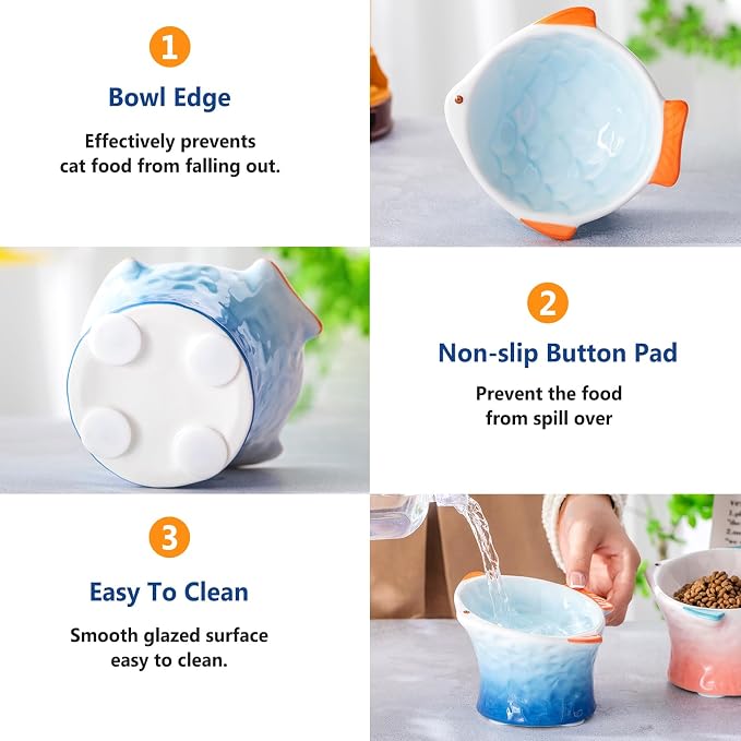 Tioncy 2 Pcs Raised Tilted Ceramic Cat Food Bowl Fish Shape Cute Elevated Slanted Shallow Angled Cat Dish Non Slip Feeder Bowl for Anti-Vomiting and Whisker Fatigue(Blue, Green) - Image 4