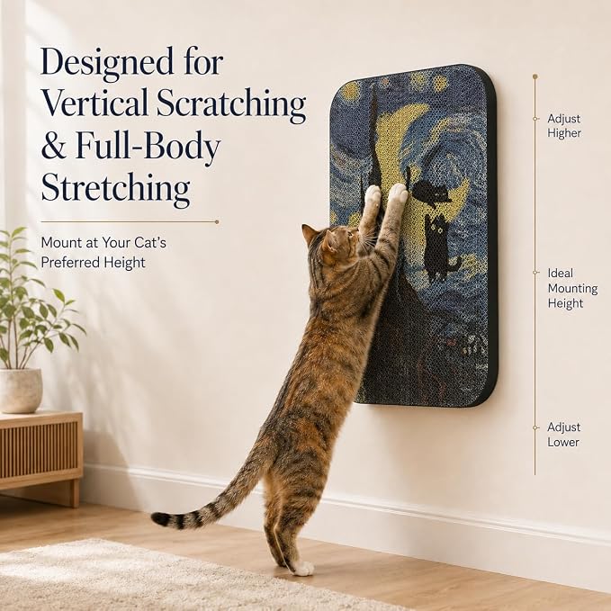 Cat Wall Scratcher, Art Cat Scratching Board for Indoor Cats | Wall Mounted Cat Scratch Pad, Water-Based Ink, Hook&Loop Strips, Floor or Wall Use, 16.7x11x1 Inch, Starry Night - Image 7