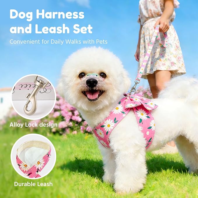 BAEJMJK Dog Harness and Leash Set with Bow Knot No Pull Pet Daisy Floral Harness with D-Ring Soft Mesh Dog Harness Vest Set Escape Proof Princess Puppy Harness for Small Girl Dogs Cats（Pink XS） - Image 5