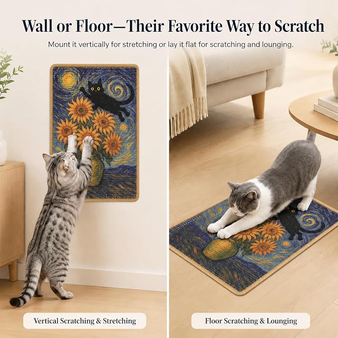 Art Sisal Cat Scratcher Mat, Cat Wall Scratchers for Indoor Cats | Wall Mounted Cat Scratcher, Natural Sisal, No-Drill Hook & Loop Setup, Wall or Floor Use, 23.6 x 15.7 Inch, Sunflower - Image 7