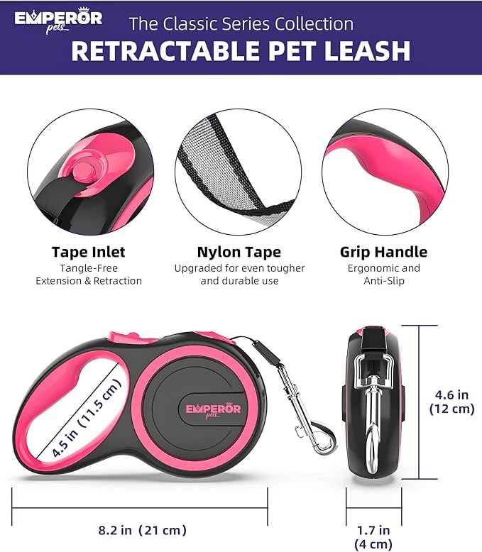 Emperor Pets Pink Heavy Duty Retractable Dog Leash 26 ft – Tangle-Free Nylon Tape, Anti-Slip Grip, Reflective – Retractable Leash for Medium Large Dogs up to 110 lbs -Classic-PK26 - Image 2