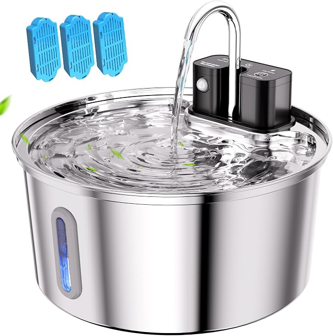 Tomxcute Cat Water Fountain Stainless Steel, 108oz Wireless Pet Fountain | 3 Smart Water Supply Modes Automatic Battery Operated Fountain with 3 Replacement Filters for Cats, Dogs, Multiple Pets by TOMXCUTE