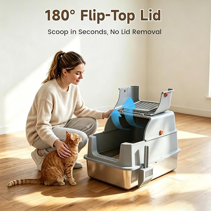 Enclosed Stainless Steel Litter Box, XL Covered MetalPan Includes Mat Scoop | Easy Cleaning Anti-Urine Leakage Non-Sticky Front Entry Top Exit - Image 4