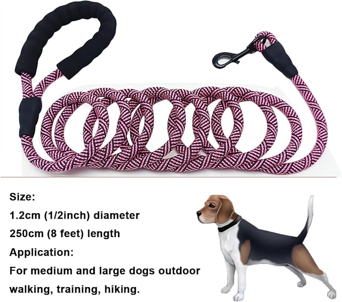 MayPaw 8ft Rope Dog Leash for Large Medium Dogs Soft Handle Dog Lead | 1/2-In Thick Lead, Soft Padded Handle Strong Nylon Pet Leash, 15+ Colors (1/2" * 8', Pink Black) - Image 4