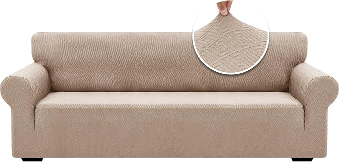 XINEAGE Stretch Jacquard XL Sofa Cover, Non Slip Sofa Slipcover for Dog | High-Stretch Fabric. Wear-Resistant, Pet Friendly. Easy Install & Washable for Living Rooms, Offices.Khaki by XINEAGE