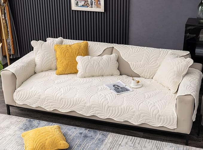 Couch Covers Plush Quilted Sofa Covers for Sectional Sofa Washable | Palm Leaves Couch Cover Chenille Non Slip Sofa Covers Soft Sofa Slipcover Furniture Protector for Pets Kids Children Dogs Cat - Image 4