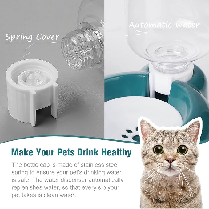 Dog Bowls, Cat Food and Water Bowl Set with Water Dispenser and Stainless Steel Bowl for Cats and Small Dogs - Dark Green - Image 4