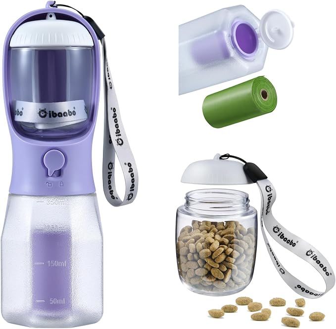 Cibaabo Dog Water Bottle with Food Container & Poop Bag Holder & Filter | Feeding & Hydration & Waste All in One | Travel Puppy Water Bowl | Portable Pet Dispenser | Girl Dog Accessories for Walking by Cibaabo