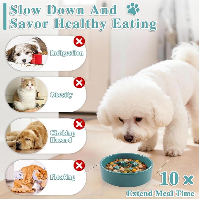 Ceramic Slow Feeder Dog Bowls,0.6 Cups Dog Food Dish for Small Medium Dogs | 6.3 inch Puzzle Dog Food Bowl for Fast Eater, 15OZ, (Dark Green) - Image 5