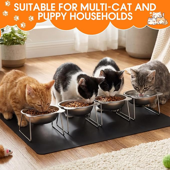 4 Set Elevated Cat Food Water Bowls 15°Tilted Stand Anti Vomiting Raised Dishes with Food Silicone Mat Stainless Steel Whiskers Friendly Cat Bowls for Multiple Cats and Puppy - Image 6