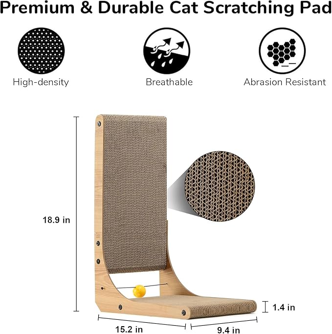 FUKUMARU Cat Scratcher, 18.9 Inch L Shaped Cat Scratch Pad for Indoor Cats | Vertical Cat Scratching Board with Ball Cat Toy, Cardboard Cat Scratcher for Wall Sofa Couch, Kitten Scratching Post - Image 3
