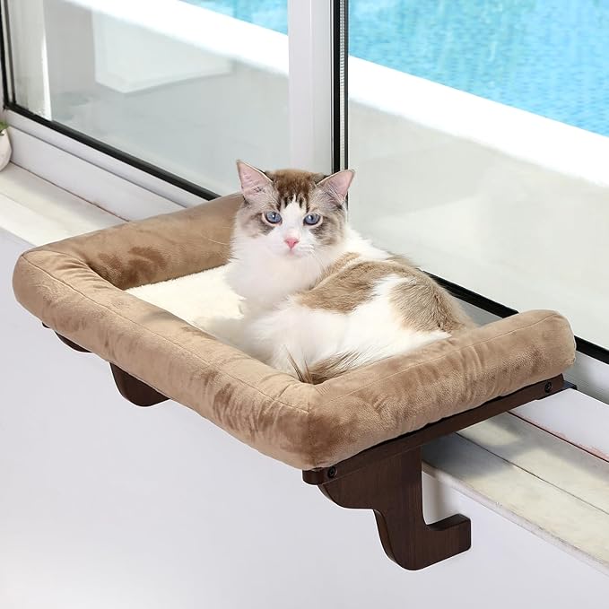 Zakkart Cat Perch for Window Sill with Bolster - Orthopedic Hammock Design with Premium Hardwood & Robust Metal Frame - Cat Window Seat for Large Cats and Kittens - Dark Stained Wood Brown Bed, 24''W by Zakkart