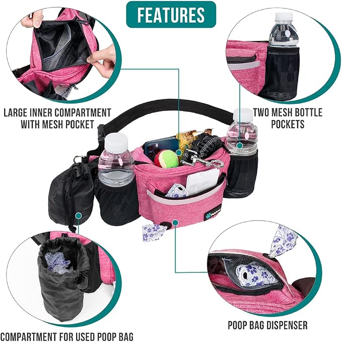 PetAmi Dog Fanny Pack, Treat Pouch for Dog Walking Training, Pink | Built in Poop Bag Dispenser, Water Bottle Holder, Collapsible Bowl, Pet Treat Waist Belt for Hiking Running Kibbles - Image 3
