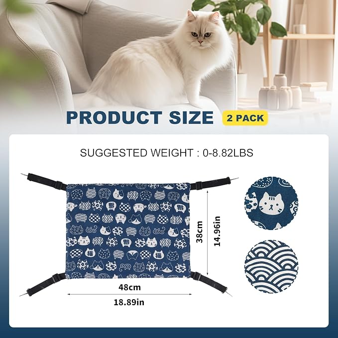 2 Pieces Cat Hammock for Cage Hanging Reversible, Soft Pet Cage Hammock with Adjustable Straps, Double Hammock Suitable for Cats, Puppy, Ferrets, and Small Animals (M, CAT) ﻿ - Image 4