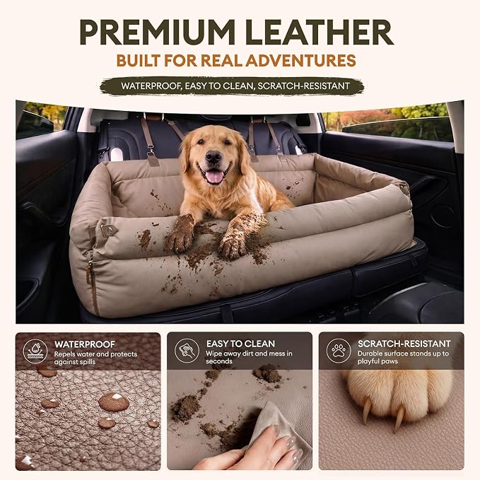 FUNNY FUZZY Leather Dog Car Seat for Large Size Dogs, Pet Booster Car Seats | Waterproof Car Seat with Safety Clip-On Leash, Soft Fabric Car Dog Bed Filling Memory Cotton, Washable Travel Pet Bed(Khaki) - Image 5