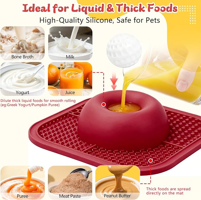 Slow Feeder Dog Bowls & Lick Mat for Liquid and Thick Treat, Anti-Slip Dog Lick Bowl with Interactive Rolling Ball, 5/6 Cup Pup Licking Toy for Large Medium Small Dogs and Cats-Large Red - Image 3