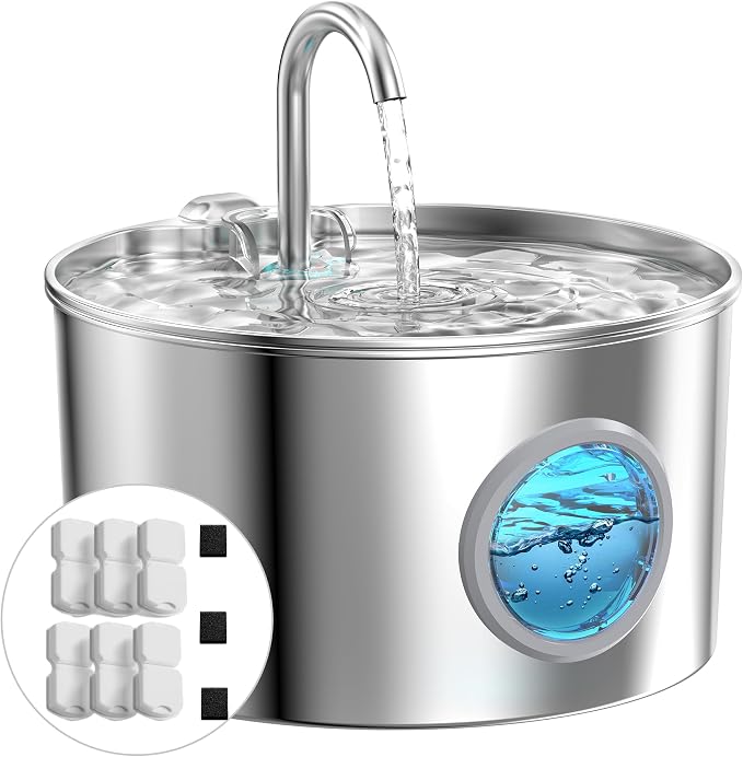 Cat Water Fountain Stainless Steel: Cat Fountain for Drinking with 6 Filters + 3 Sponges - 74oz/2.2L Pet Water Fountain for Cats Inside - Quiet Cats Water Bowl Dispenser - Kitten Drinking Fountains by GIOTOHUNPetLife