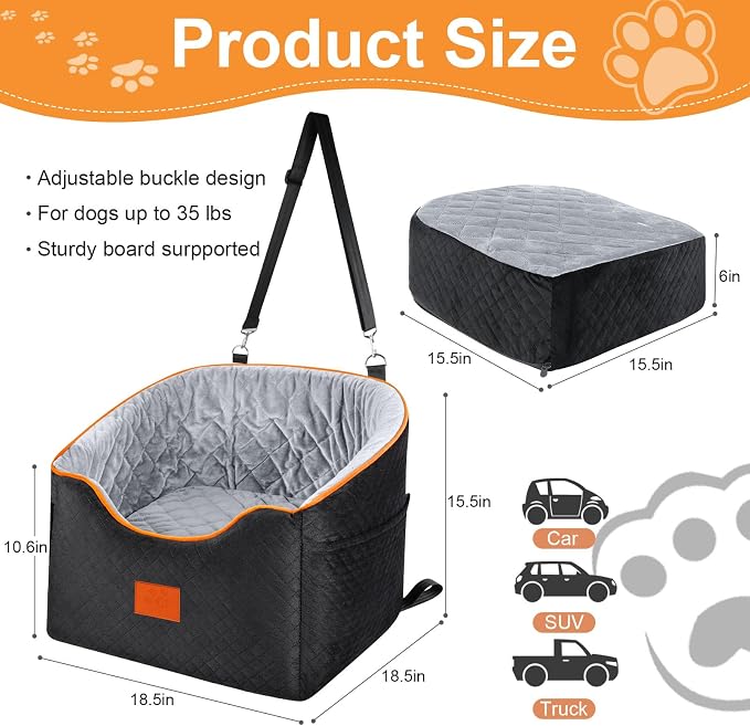 XIEEAOZEE Dog Car Seat for Small Dogs, Memory Foam Booster Dog Seat for Dogs up to 35 lbs, Elevated Pet Car Seat with Washable Removable Cover, Storage Pockets(Black/Gray) - Image 2