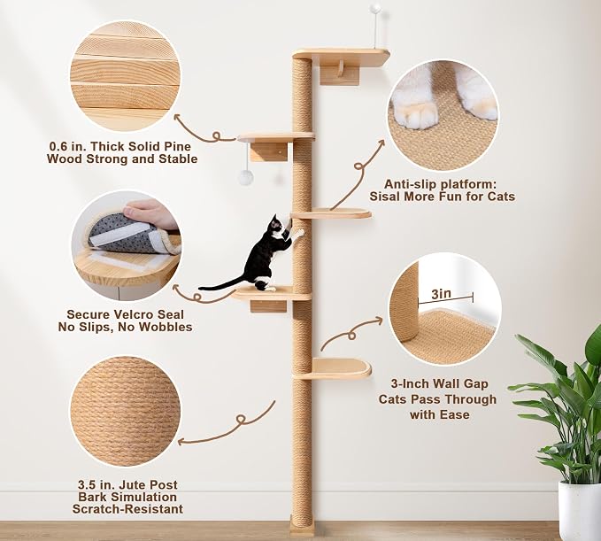 Wild Simulation Cat Tree for Kittens, 5-Level Floor to Ceiling Cat Wall Shelves with Sisal Mat Platforms, Suit for Kitten cat - Image 2