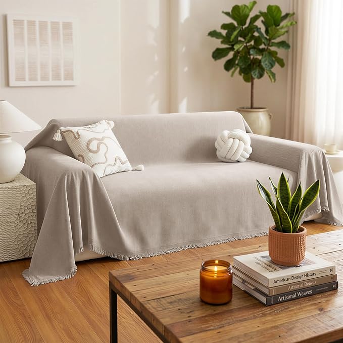 Chenille Couch Cover for Dogs Washable Boho Throw Blanket Washable | 71"×150",Khaki, Soft Chenille, Tassel Design, Pet Friendly, Furniture Protector, for Couch, Sofa, Bed, Living Room - Image 2