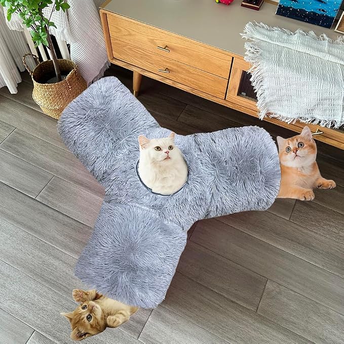 3-Way Collapsible Cat Tunnel Tube Toy Grey Plush | Interactive Play Tunnel with Hanging Ball & Peek Hole for Indoor Cats, Kittens, Puppies & Rabbits | Hours of Fun & Exercise - Image 5