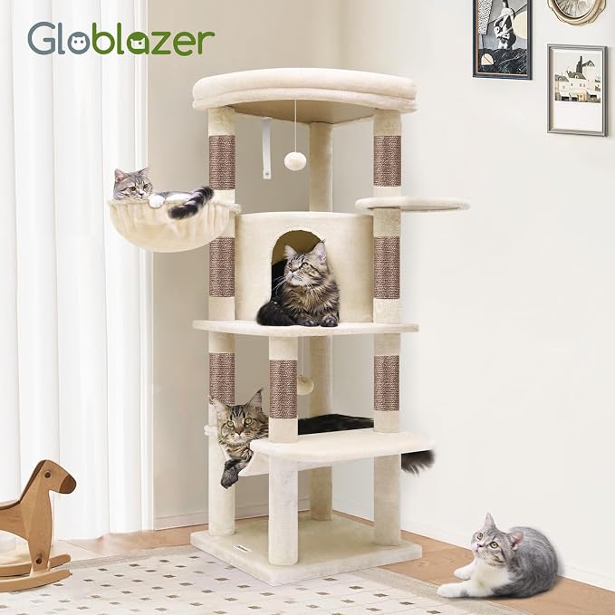 Globlazer Corner Stable Cat Tree Tower with Scratching Post, C51, Beige | 51in Space-Saving Multi-Level Cat Condo for Indoor Cats with Hammock, Large Top Perch for Large Cats, Cozy Cat Cave - Image 8