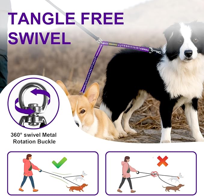 MingXpet 2 Dog Leash, Dog Leash for 2 Dogs, 360° Swivel No Tangle Double Walking Training Leashes for Large Dogs that Pull, Comfortable Shock Absorbing Reflective Bungee, Purple - Image 4