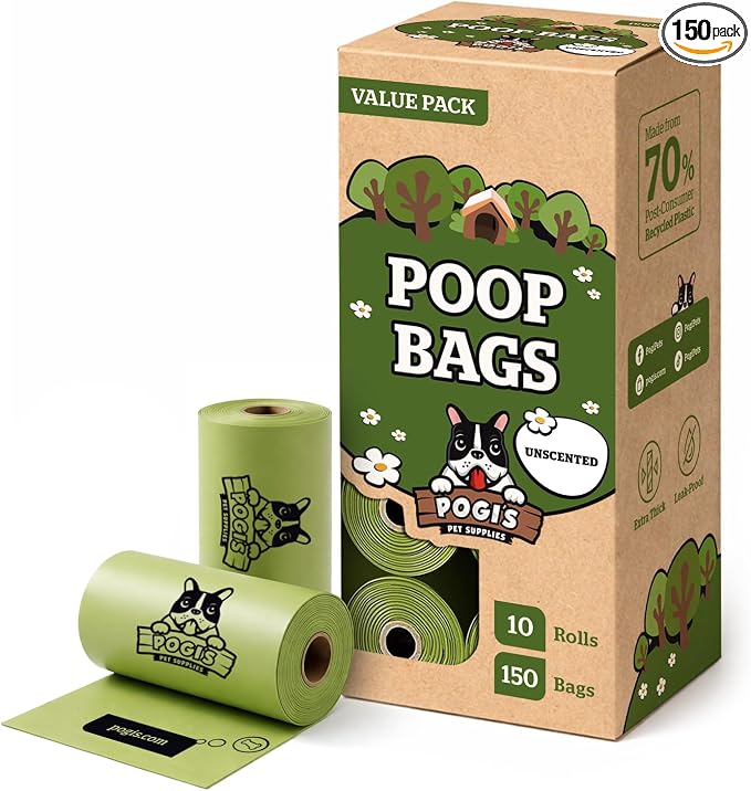 Pogi’s Dog Poop Bags – Leak-Proof & Extra Thick Pet Waste Bags (Unscented, 10 Rolls, 150-Count) by PogisPetSupplies
