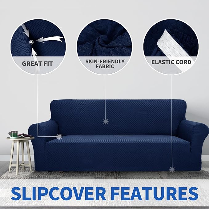 ZNSAYOTX 1 Piece Jacquard Couch Covers for 3 Cushion Couch High Stretch Sofa Cover for Pets Dogs Anti Slip Extra Large Sofa Slipcovers Furniture Protector (XL Sofa, Navy Blue) - Image 3