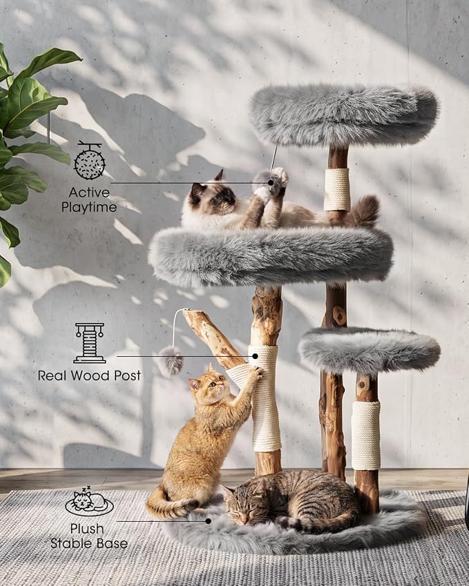 Real Branch Cat Tree, Natural Wood Cat Tower for Indoor Cats | Real Tree Branches no Processed Wood, 44 lbs Capacity, Premium Faux Fur Perches, 23.6" Anti-Tip Base, 30-Min Assembly - Image 5