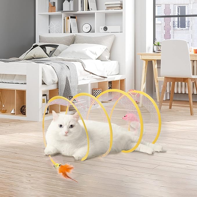 2-Pack Large Cat Tunnel Beds - Indoor & Outdoor,Kitten Collapsible Spring Tunnel Toy with Feather and Bell,Interactive Spring Toys for Cats & Kittens（Yellow） - Image 6