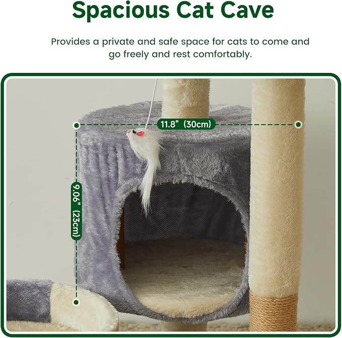 Cat Tree with Condo, Perch, and Scratching Posts, Gray and Beige, Multi-Level Tower with Hanging Toy - Image 6