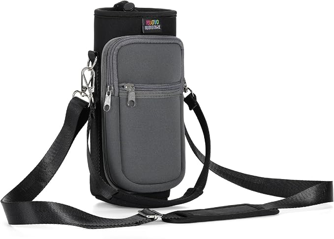 Nuovoware Water Bottle Carrier Bag, 25oz/32oz Bottle Holder with Adjustable Shoulder Strap, 2 Pocket Sling Bag - Neoprene Sleeve for Hiking, Travelling - Black/Gray by NUOVOWARE
