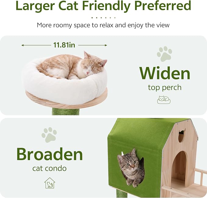 Wood Cat Tower for Self-Cleaning Litter Box, with Faux Plant, 58In | Multi-Level Cat Tree for Adult Large Cats, with Cozy Plush Bed, House, Scratching Posts, Cat Furniture for Indoor Cats, Green - Image 4