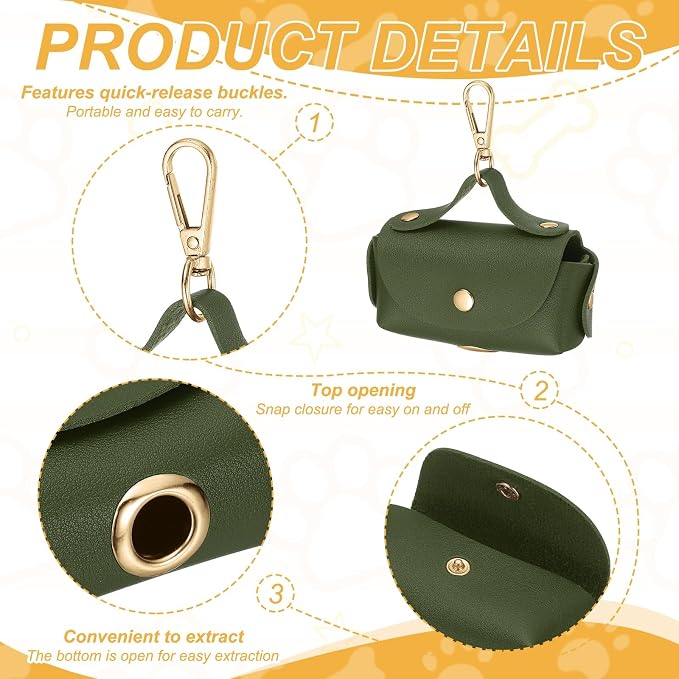 Dog Poop Bag Holder, Leather Pet Waste Bag Dispenser for Leashes Portable Reusable Easy Cleanup Pouch(1Pcs, Dark Green), Intended for Outdoor/Travel/Walking with Dog - Image 3