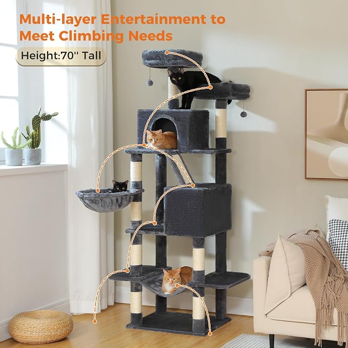 70.8" Tall Cat Tree for Large Cats, Multi-Level Cat Tower with 8 Sisal Scratching Posts, 2 Top Perches, Big Condo, Large Hammock, and Cat Furniture for Indoor Cats, Dark Gray - Image 2