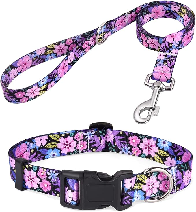Mihqy Dog Collar and Leash Set, for Small Dogs, Pink Floral Set,XS | with Floral Patterns, Adjustable for Small Medium Large Dogs, Comfortable for Walks and Outdoor Hikes by Mihqy