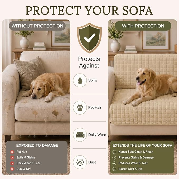 Smiry Velvet Couch Cover for Dogs, Non Slip Soft Sofa Protector for Pets | Washable Sofa Cover for Cats, Cozy Furniture Protector Against Pet Hair, Scratches, Fits Sectional Sofa(Khaki, 36"x88") - Image 5