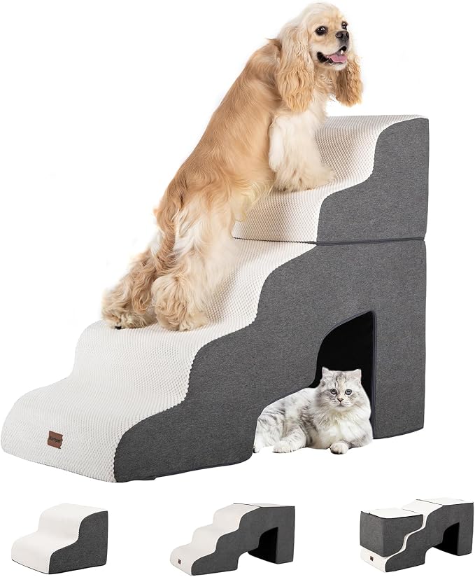 Garnpet Dog Stairs for High Beds with Tunnel, 5-Step Dog Steps for Small Dogs and Cats, Foldable Pet Stairs for High Bed Climbing, Non-Slip Balanced Pet Step Indoor, Beige by Garnpet