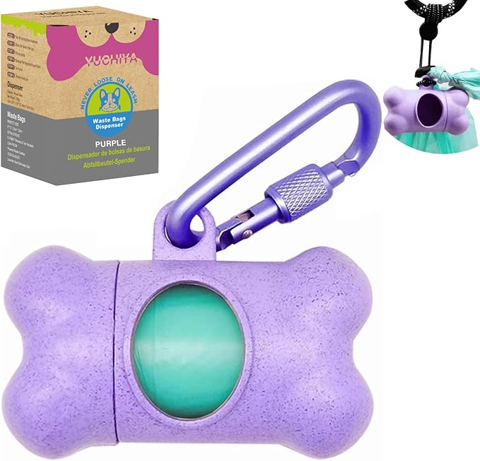 YUCHIYA Dog Poop Pickup Bags Holder Dispenser with Standard-Sized Leak-Proof Scented Doggy Waste Bags and Carabiner Hook and Loop Fastener Never Loose on Leash Lead Again (1 Holder 15 Bags, Purple) by YUCHIYA
