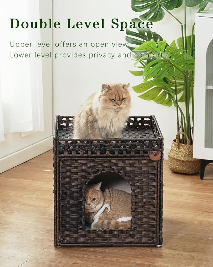 SETVSON Cat Beds for Indoor Cats Extra Large Double PE Rattan, Brown | Spacious Indoor Cat House Condo for Multi-Cats, Dual Layer Hideaway Cave, Reversible Cushion, Collapsible Metal Frame - Image 2