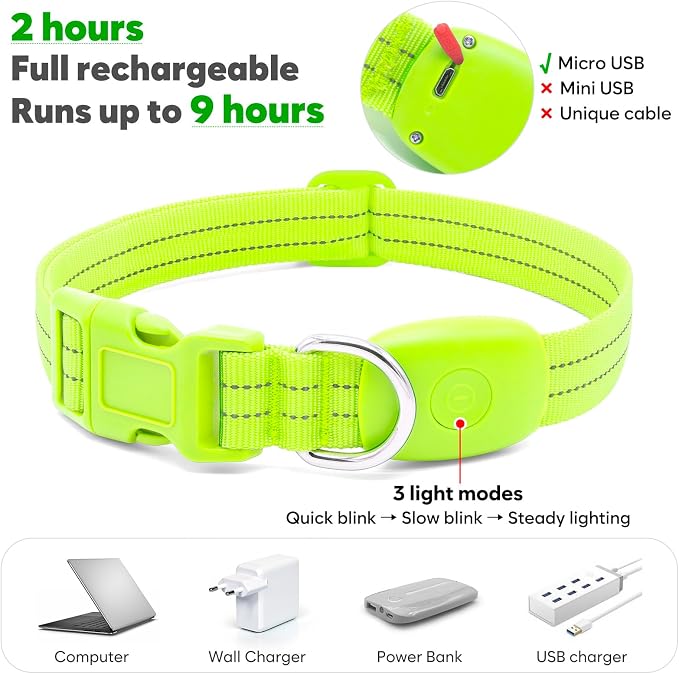 Light Up Dog Collars Rechargeable, Reflective LED Glow Dark Dog Collar for Small Medium Large Dogs, Adjustable Pet Dog Lights for Safe Night Walk-Green, Medium - Image 3