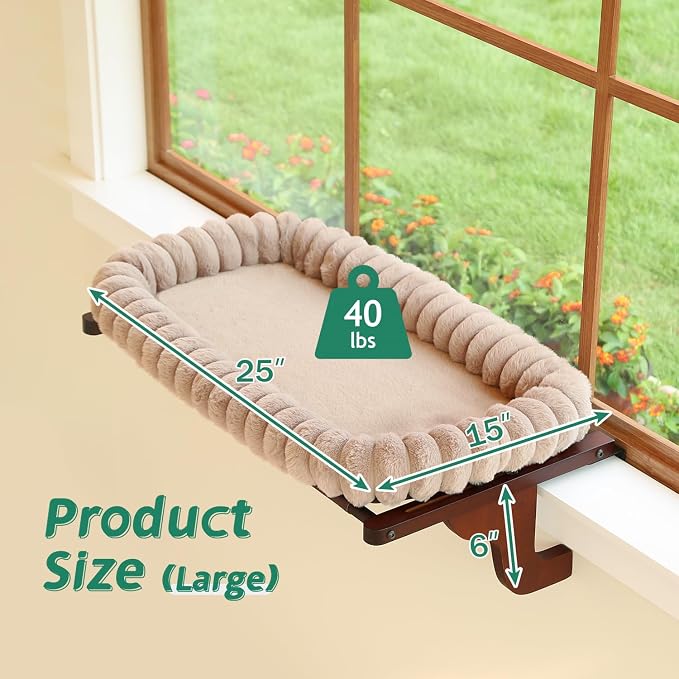 Zakkart SnugCloud Cat Window Perch with 4-Sided Bolster - Orthopedic Cat Hammock for Window Sill - Solid Hardwood & Metal Frame - Window Seat for Pets (Dark Stained Wood w/Brown Bed, Large) - Image 7