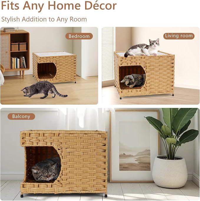 Cat House for Indoor Cats - Wicker Cat Bed with Double-Sided Soft Cushion, Decorative Handwoven Pet Bed Furniture - Image 5