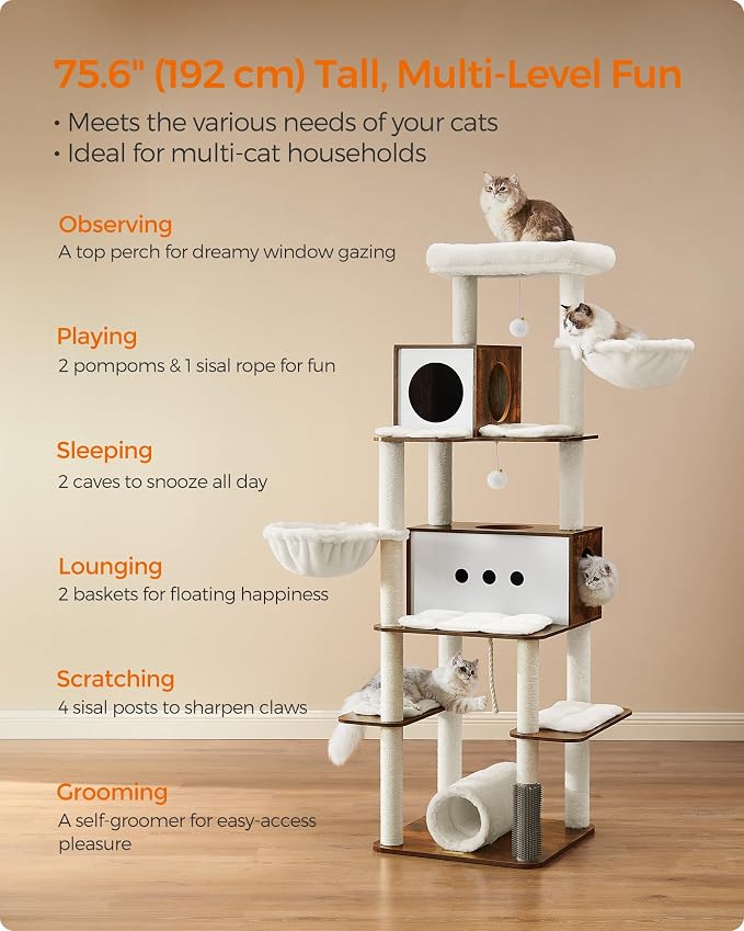 Feandrea Cat Tree, 75.6-Inch Modern Cat Tower, Tall Multi-Level Condo with 2 Caves, 2 Hammocks, 4 Scratching Posts, Self-Groomer, Tunnel, Perch, Rustic Brown UPCT193X01 | Tall Cat Tower, 4 Scratching Posts, Self-Groomer, Tunnel, Perch, Rustic Brown, CA... - Image 6